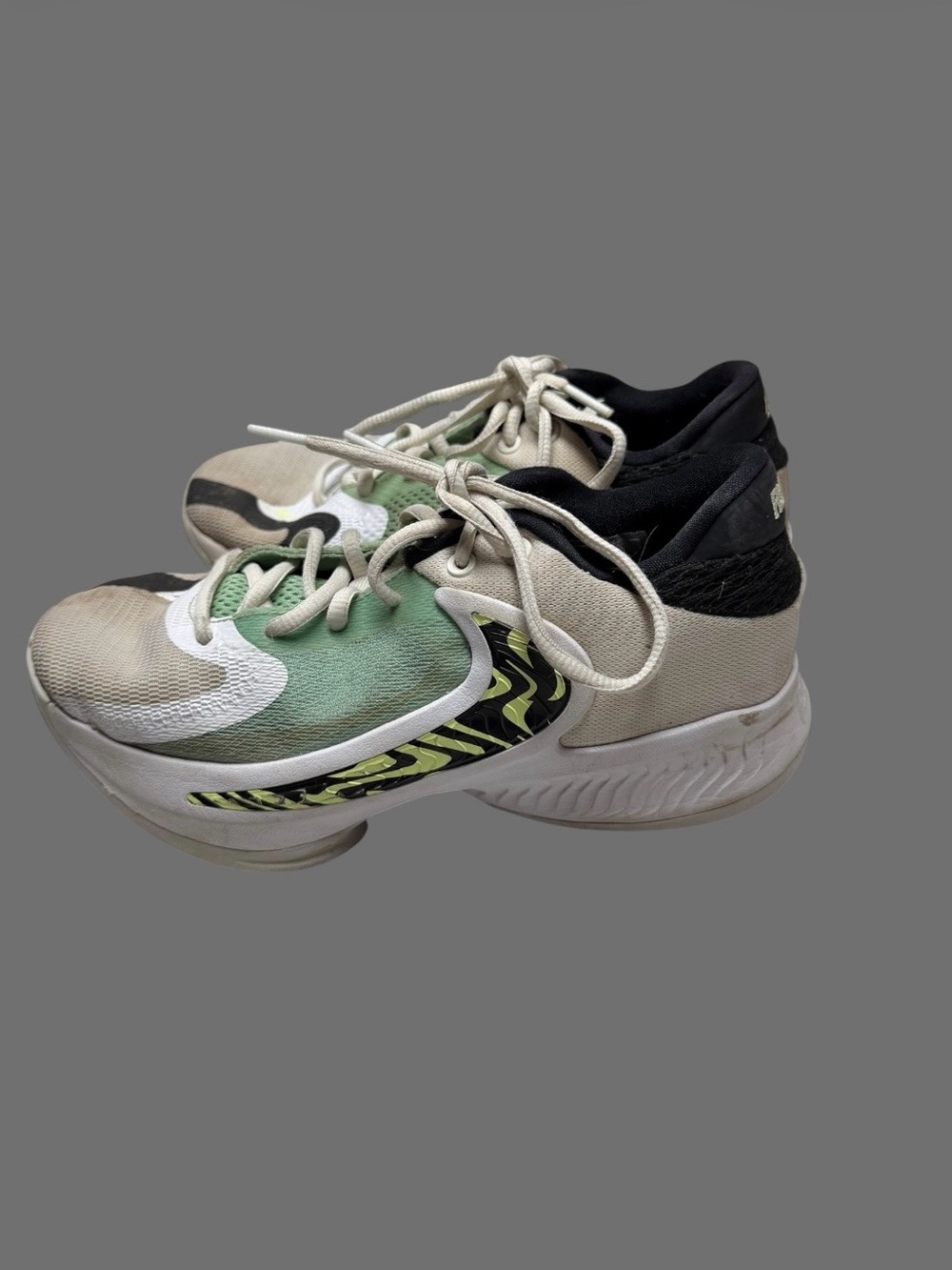 Kids Athletic Sneakers in Cream and Green with Black Trim